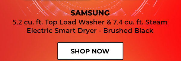 SAMSUNG 5.2 cu. ft. Top Load Washer and 7.4 cu. ft. Steam Electric Smart Dryer. Brushed Black