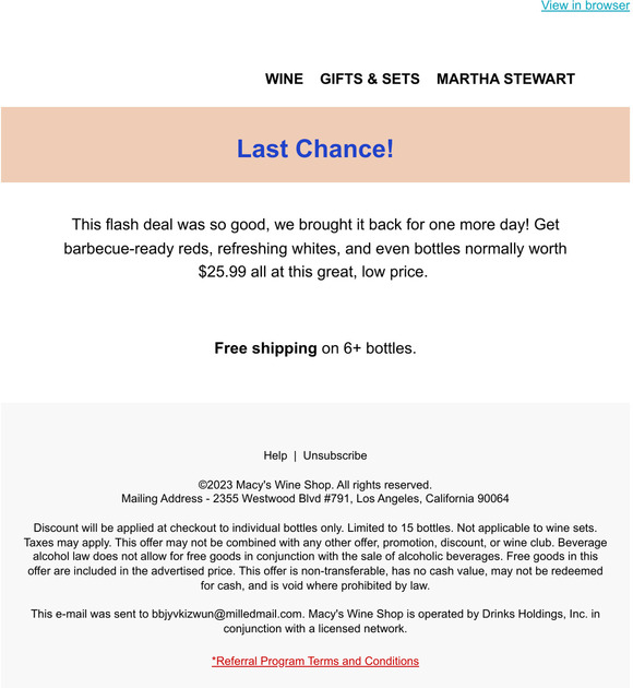 Macy's Wine Shop All Wines 9.99 For 1 Last Day! Milled