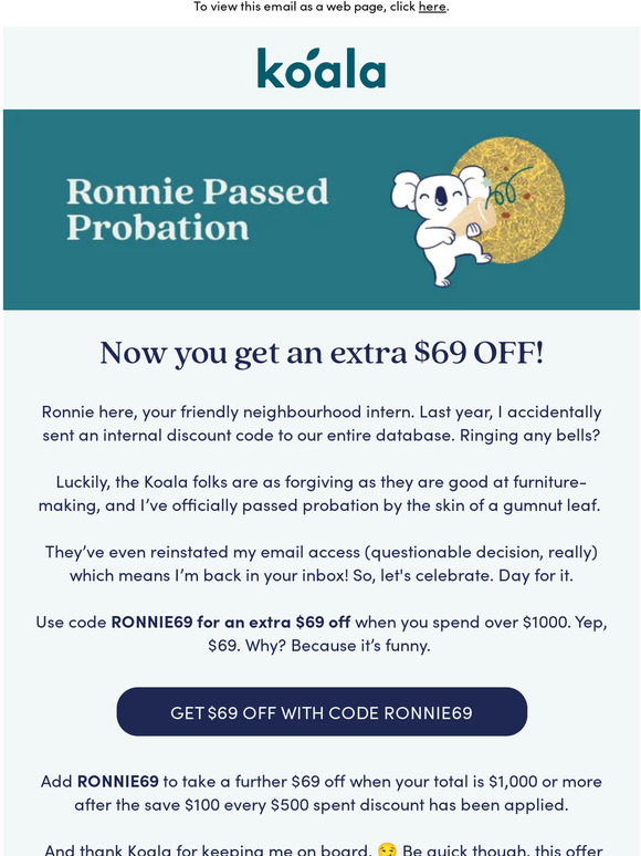 An extra $69 OFF 'cause I passed probation