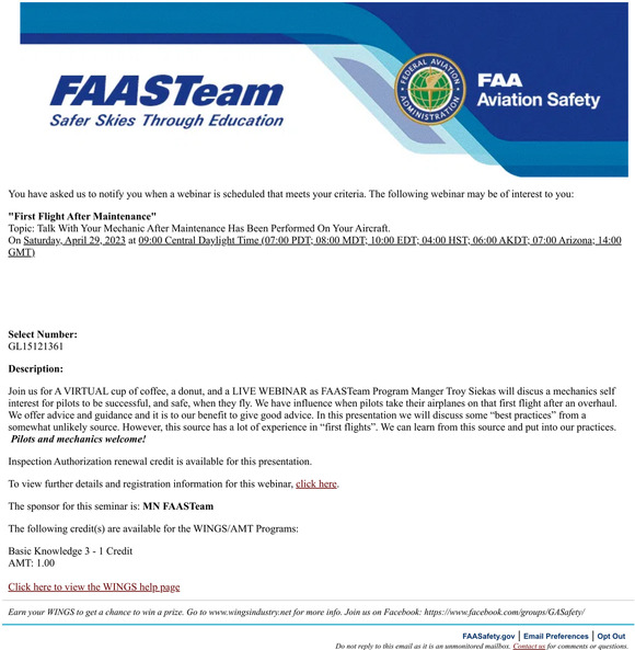[GL15121361] First Flight After Maintenance - FAASafety.gov