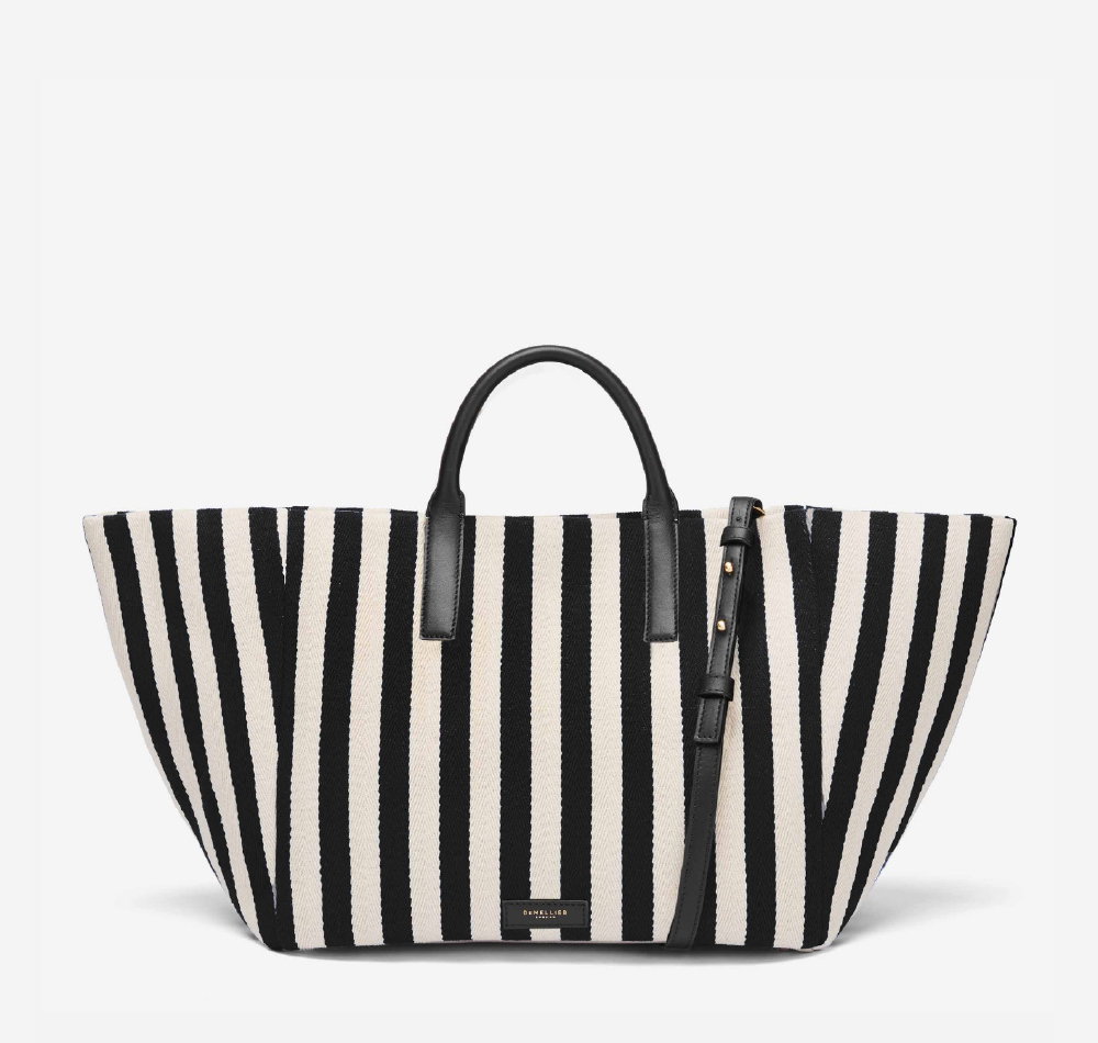 The Lisbon Tote in black striped cotton canvas black smooth