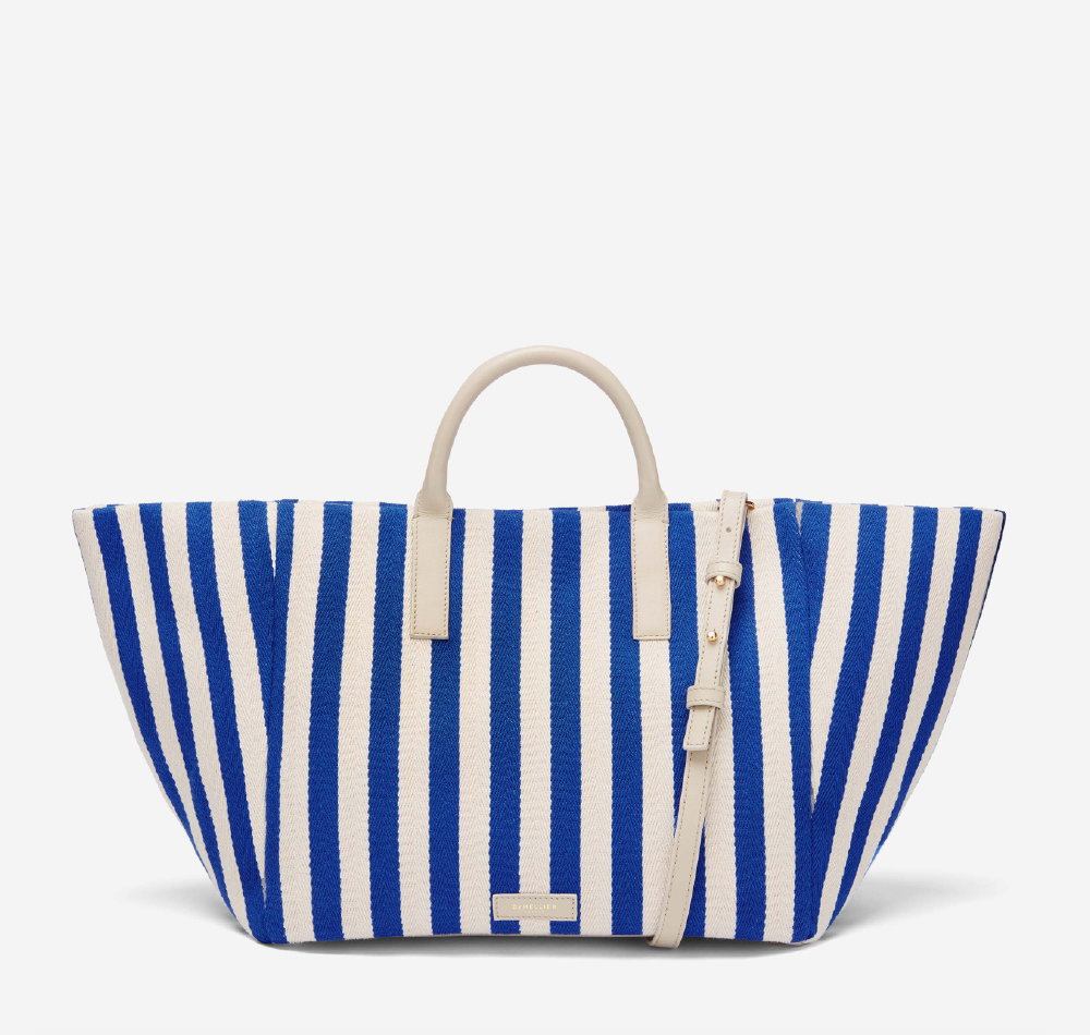 The Lisbon Tote in cobalt blue striped cotton canvas off-white smooth
