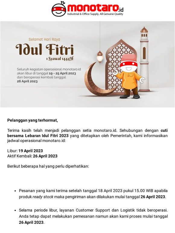 Info: Jadwal Operasional monotaro.id Selama Libur Lebaran Idul Fitri 2023