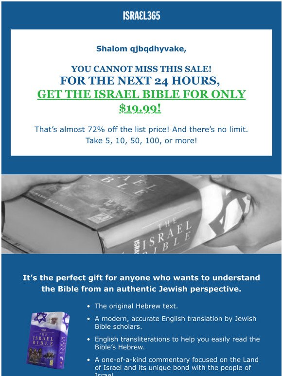 24-hour FLASH SALE!!! Get the Israel Bible for ONLY $19.99!!!
