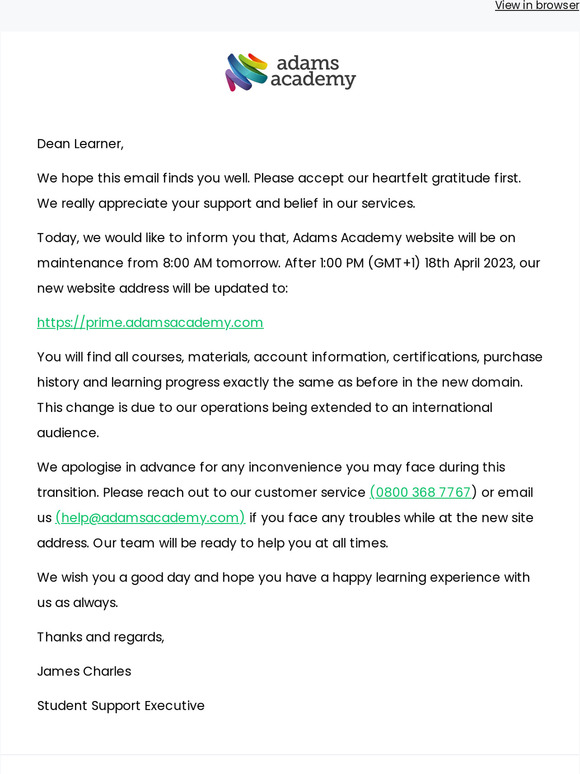 New Website Address for Adams Academy from 1PM (GMT+1) - 18th April 2023