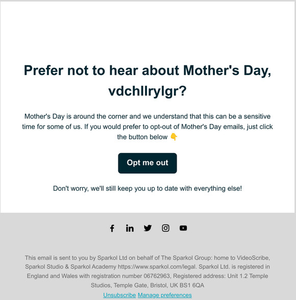 Prefer not to hear about Mother's Day, —?