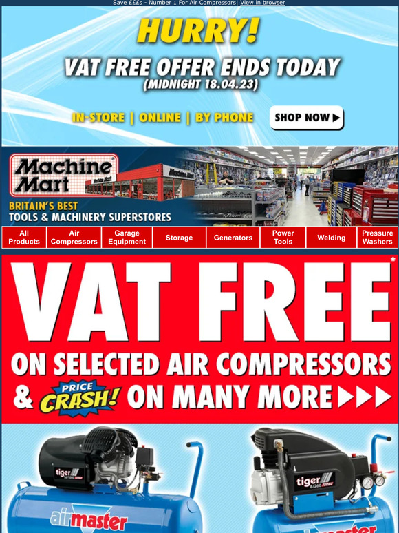 Machine Mart Reminder VAT FREE Offers on Air Compressors End Today