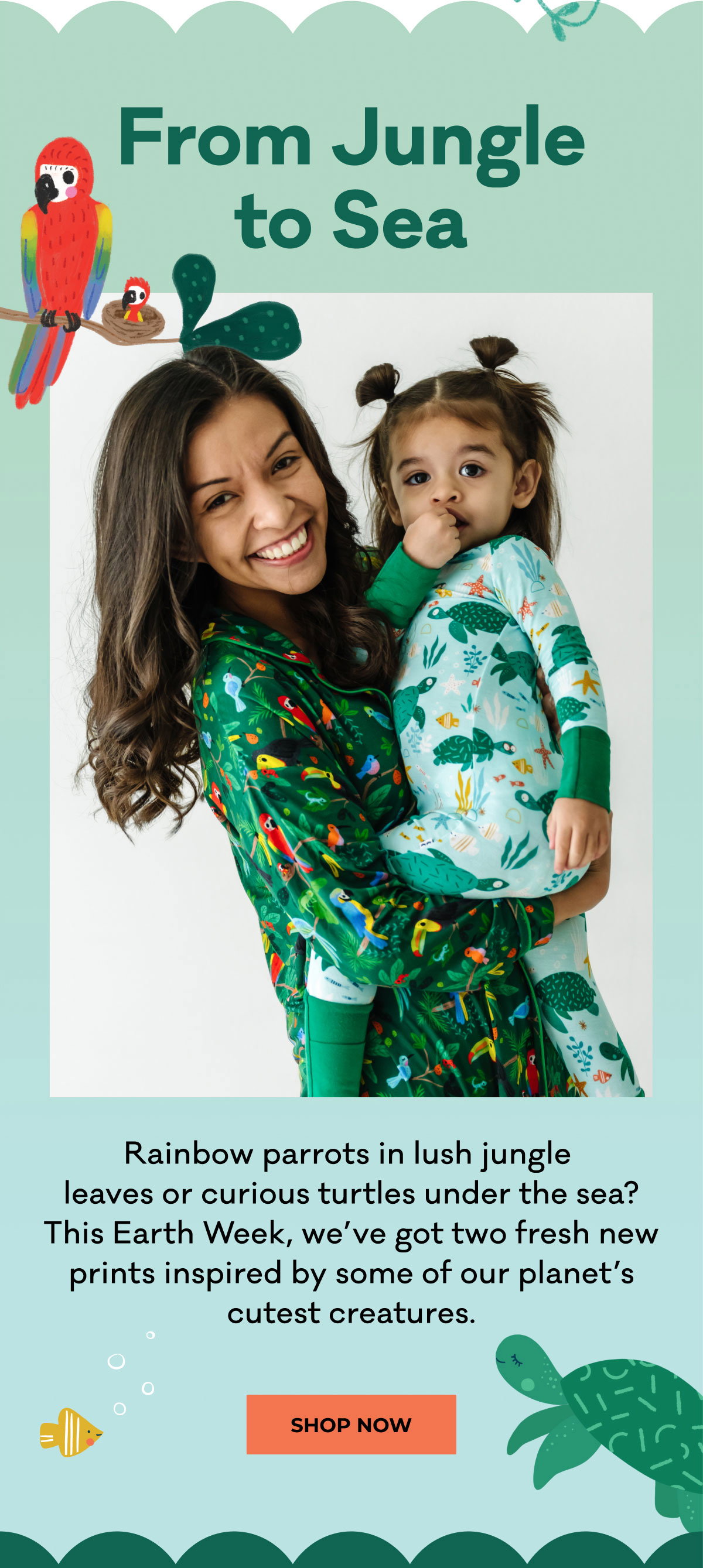 From Jungle to Sea | Rainbow parrots in lush jungle leaves or curious turtles under the sea? This Earth Week, we've got two fresh new prints inspired by some of our planet's cutest creatures. | SHOP NOW