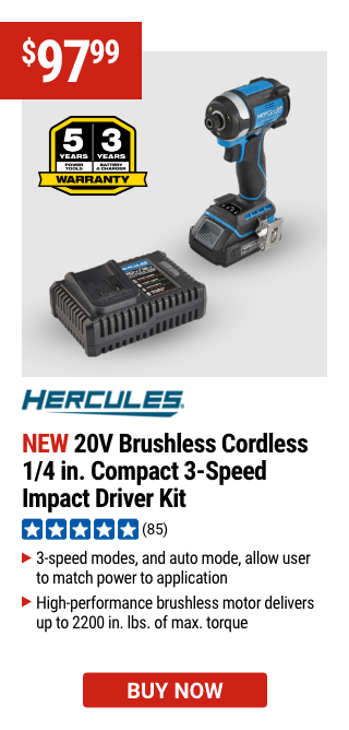 HERCULES: 20V Brushless Cordless 1/4 in. Compact 3-Speed Impact Driver Kit