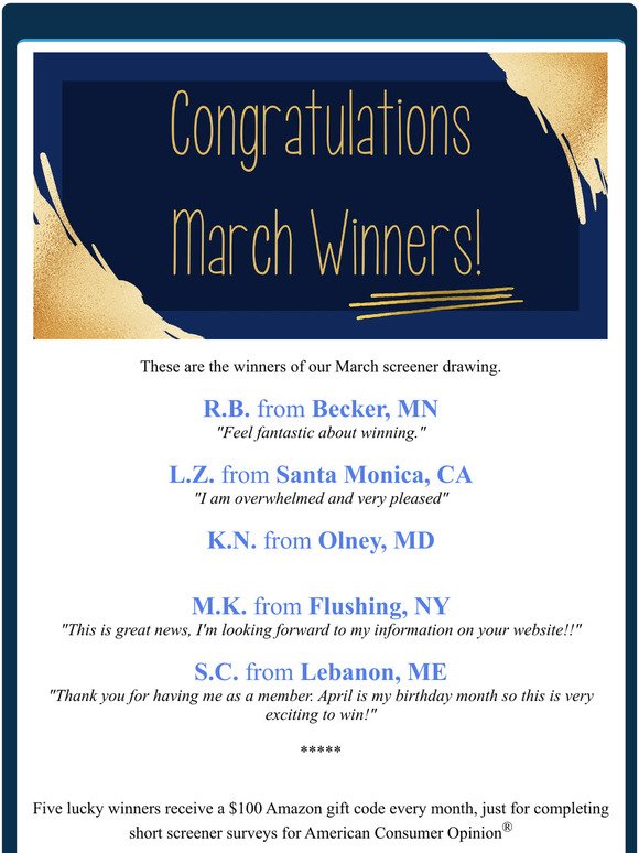 Congratulations to our March Screener Drawing Winners!