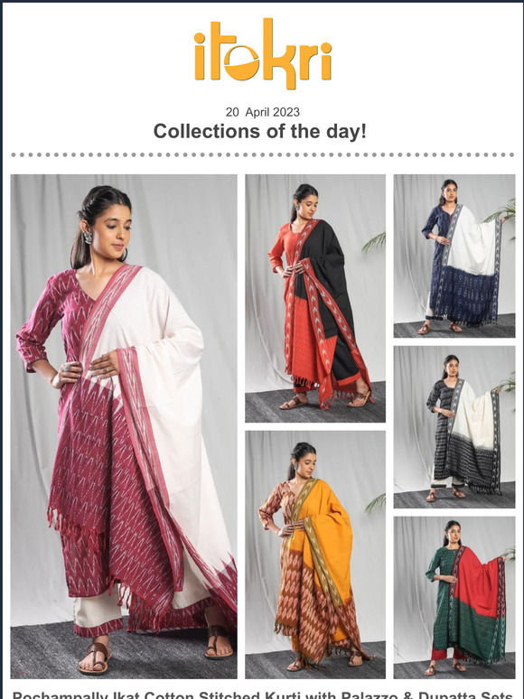 ➊ Pochampally Ikat Kurti with Palazzo & Dupatta Set ➋ Phulkari Kota Doria Dupattas ➌ Kalamkari Prints Stitched Blouses ➍ Neev Natural Herbal Products