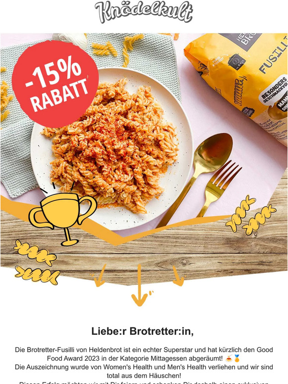 🏆 15% 🏆 Wir feiern den nudeligen Superstar und schenken Dir 15% Rabatt im Shop.