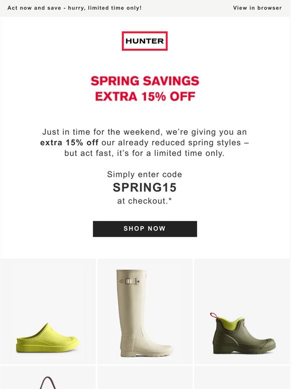Now on! Extra 15% off selected spring styles