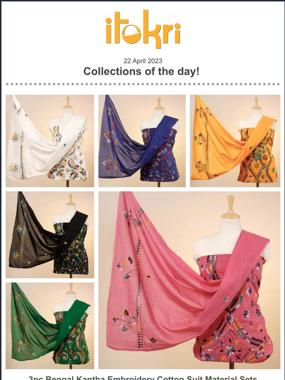 ➊ 3pc Kantha Embroidery Cotton Suit Materials ➋ Maniabandha Ikat Handloom Scarves ➌ Handcrafted Rice Paddy Jewelry ➍ Lambani Hand Embroidery Bags