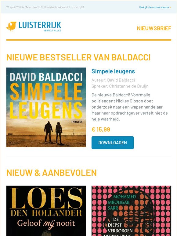 Nieuwe bestseller van Baldacci | 50% korting op nieuwe Loes den Hollander | Karin Bloemen | Al 16x Stephen King | 80 aanbiedingen voor de mei-vakantie