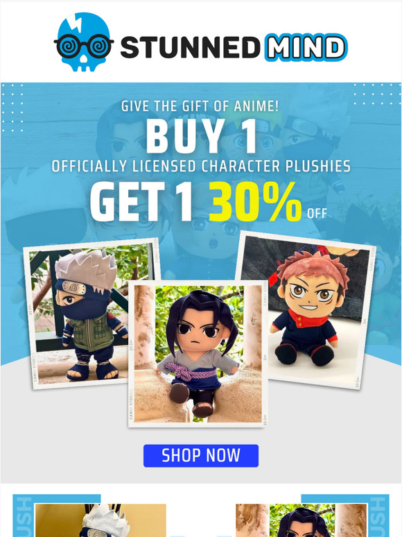 Limited time offer: Buy 1, Get 1 30% off on officially licensed Anime plushies!