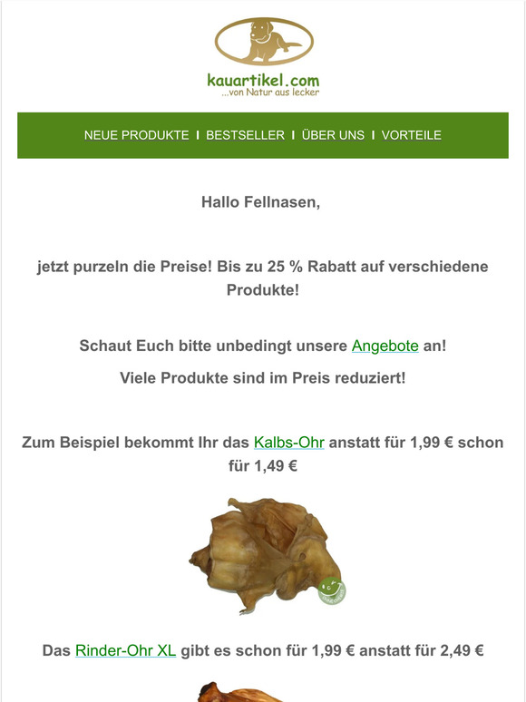 Jetzt purzeln die Preise! Bis zu 25 % Rabatt! 🐶 Nur bei www.kauartikel.com 🐶