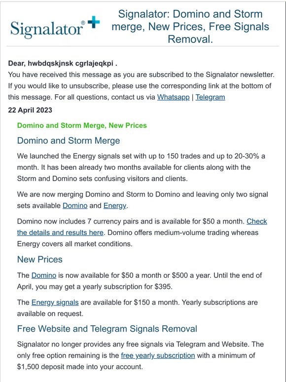 Signalator: Domino and Storm merge, New Prices, Free Signals Removal.