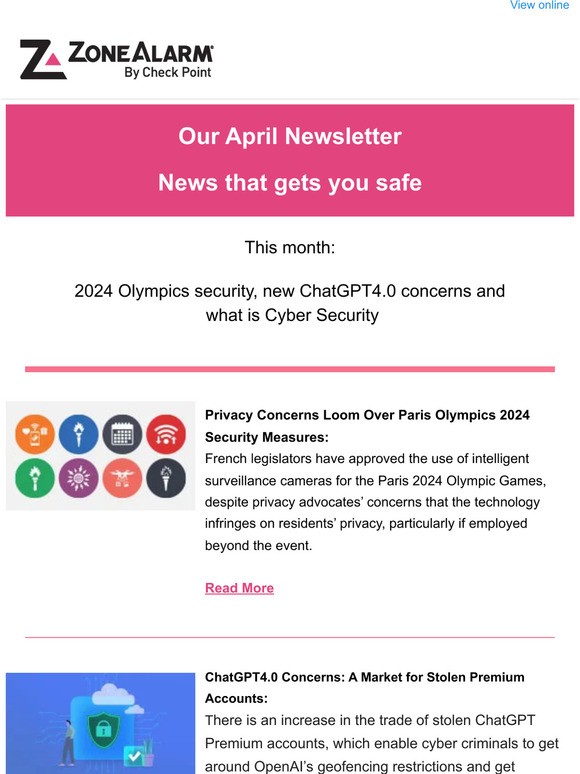 Zone Alarm Our April Newsletter 2024 Olympics security, new ChatGPT4