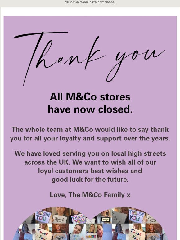 Our stores have now closed - thank you from the M&Co family