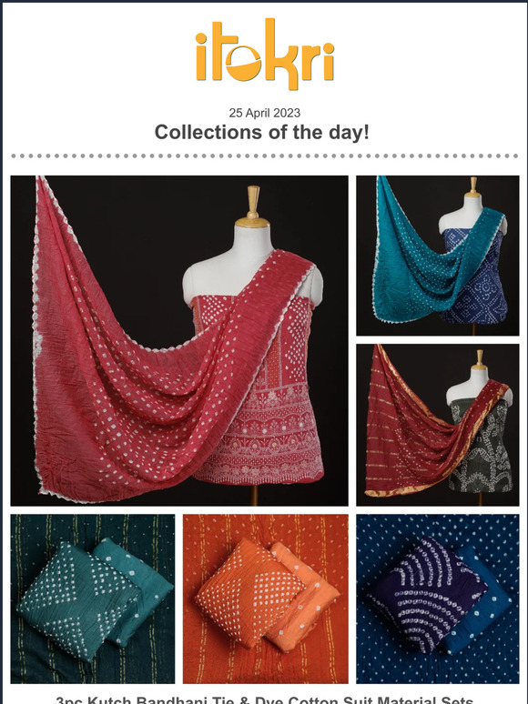 ➊ 3pc Kutch Bandhani Cotton Suit Materials ➋ Akola & Pipad Block Printed Cotton Stoles ➌ Marudhara Printed Bags & Clutches ➍ Handmade Paper Notebooks