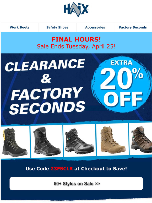 Final Hours: 20% Off Factory Second & Clearance Prices
