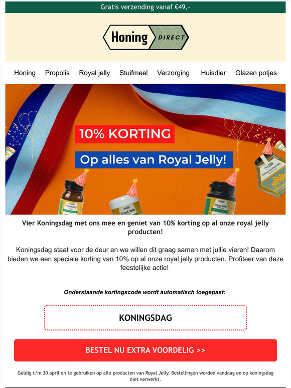 🤴..Koningsdag: 10% korting op alles van Royal Jelly!