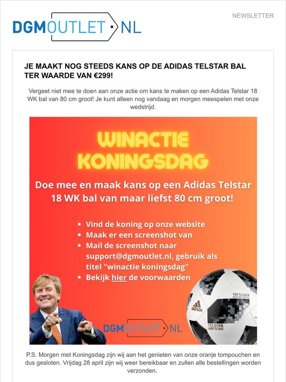 Je maakt nog steeds kans op de Adidas Telstar bal ter waarde van €299!