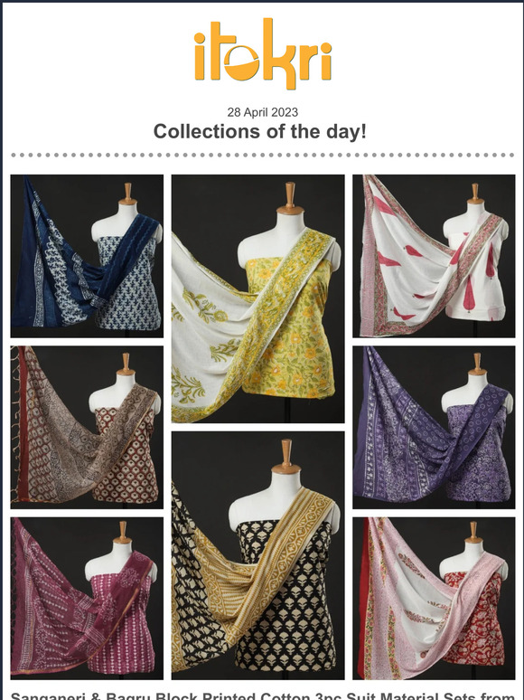➊ Sanganeri & Bagru Printed Cotton 3pc Suit Materials ➋ Bandhani Cotton Men's Kurtas ➌ Kantha Embroidery Silk Blouse Pieces ➍ Vintage Metal Sling Bags