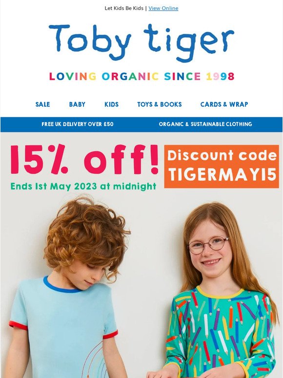 Get 15% off at Toby Tiger 🐯 Ends Monday!