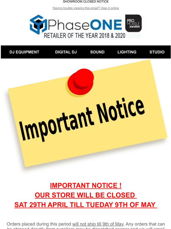 SHOWROOM CLOSED NOTICE