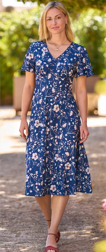 Pretty, pull-on dress in an exquisite blue botanical print