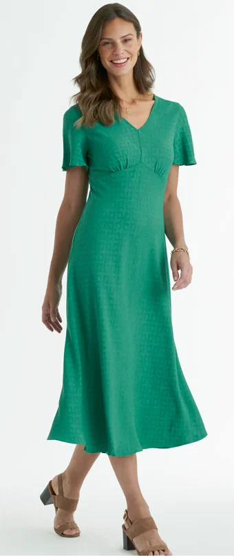 Woven jacquard dress in a gorgeously rich emerald colour