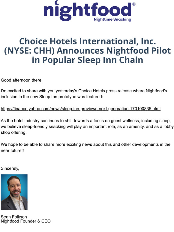 Choice Hotels Announces Nightfood Pilot in Popular Sleep Inn Chain