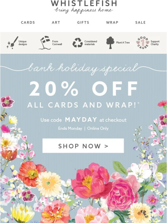 20% off all cards and wrap!