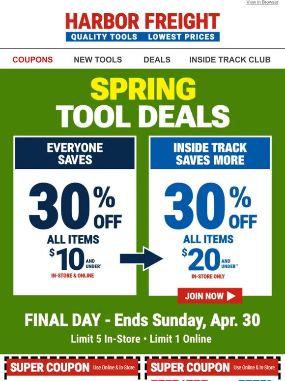 Harbor Freight Tools: FINAL DAY – Last Chance to use Your 30% Off Coupon
