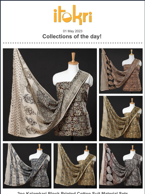 ➊ 2pc Kalamkari Printed Cotton Suit Materials ➋ Jacquard Cotton Casuals Kurtis ➌ Sanganeri Print Waffle Bath Robes ➍  Madhubani Handpainted Pen Stands