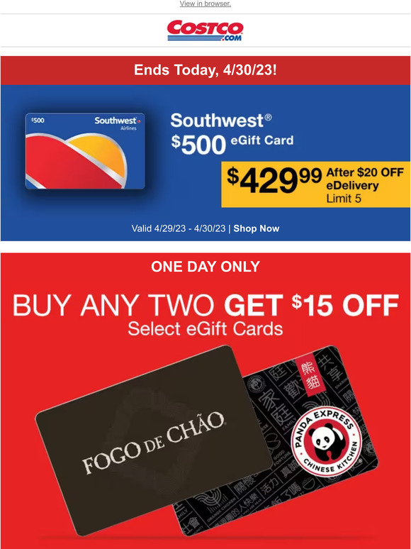 Costco ENDS TODAY Southwest Airlines 500 eGift Card For 429.99 + Buy Any Two Get 15 OFF