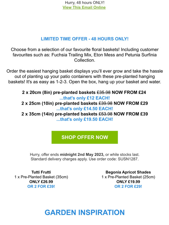 Suttons Seeds PrePlanted Hanging Baskets ONLY £12 EACH! 48 HOURS ONLY