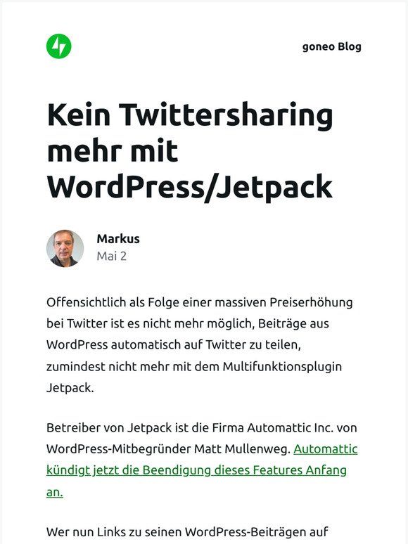 [Neuer Eintrag] Kein Twittersharing mehr mit WordPress/Jetpack