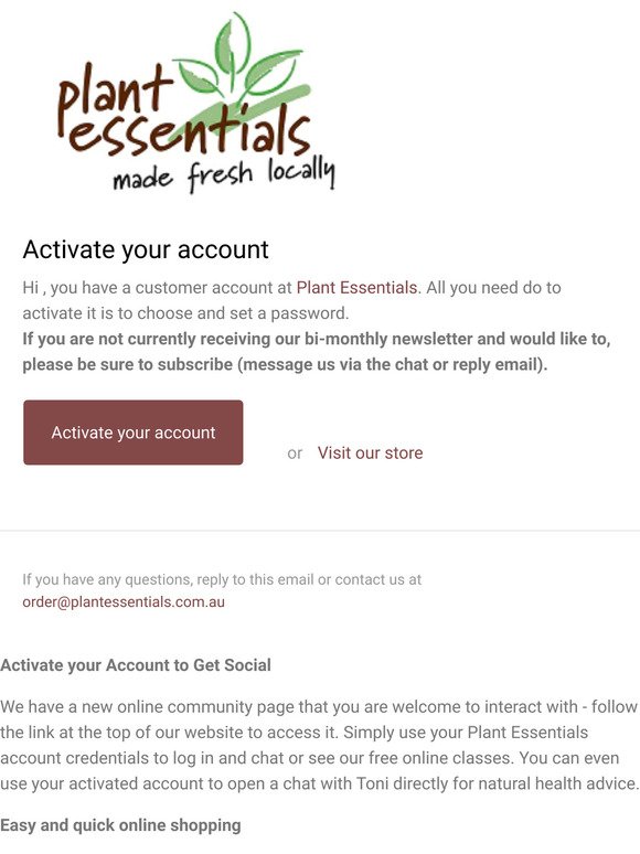 Customer Account Log In activation - PlantEssentials.com.au