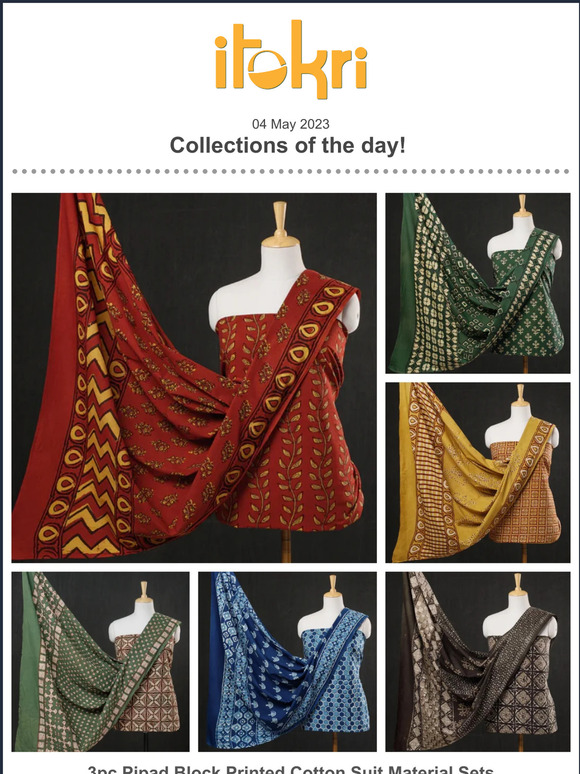 ➊ 3pc Pipad Block Printed Cotton Suit Material Sets ➋ Bandhani Tie-Dye Cotton Dupattas ➌ Handloom Cotton Bed Covers ➍  Block Printed Cotton Bandanas