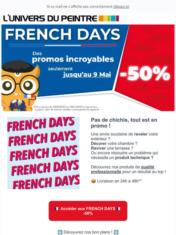 🇫🇷 FRENCH DAAAAAYS 🎉 Jusqu'à -50% ! Peintures, Sols, Produits techniques, Outils, Enduits, etc...