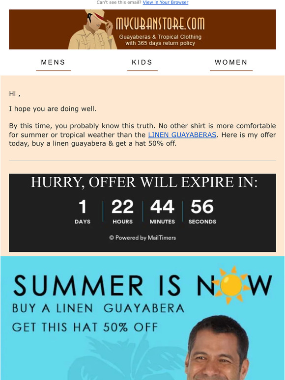 there, Summer is Now ☀️, buy a guayabera & get a hat 50% off