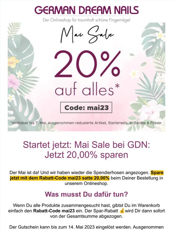 Mai-Sale bei GDN: Jetzt 20% sparen 💅 Neue Farbgele für nur 1,99