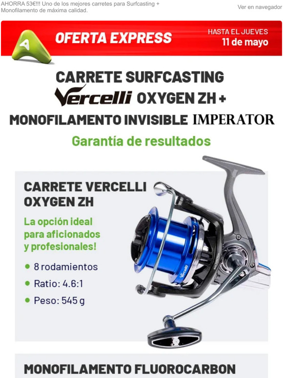 Carrete Surfcasting Vercelli + Hilo Invisible Imperator; todo por solo 89,99 euros