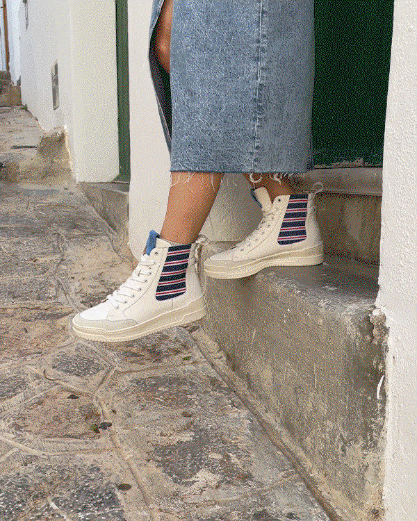 MAXIE Sneaker Turnschuh High aus Leder in Offwhite mit maritimen Streifen