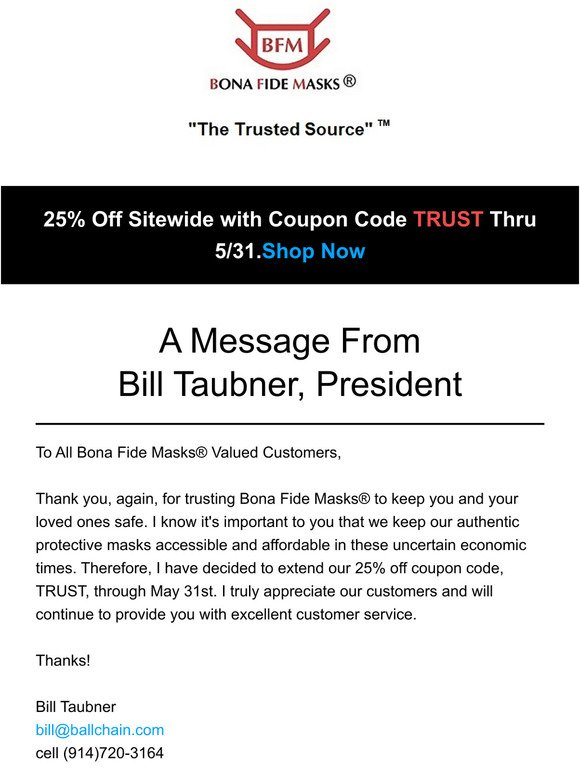 Bill Taubner Proud to  be on BBC News and 25% Coupon Extended!