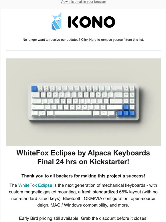 Final 24 hrs for WhiteFox Eclipse Mechanical Keyboard Kickstarter! Last chance for discounted price!