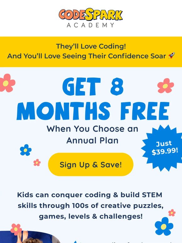 🤗 8 FREE Months of codeSpark! Peep Our Annual Plan Sale 👀